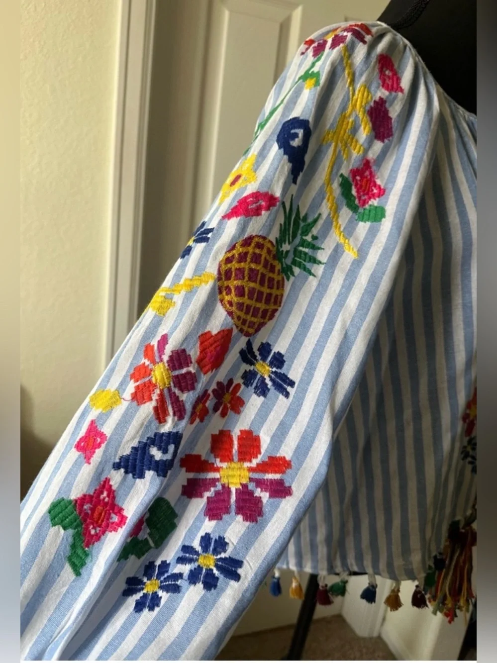 Zara‎ Blue White Striped Embroidered Tassel Peasant Blouse Size M